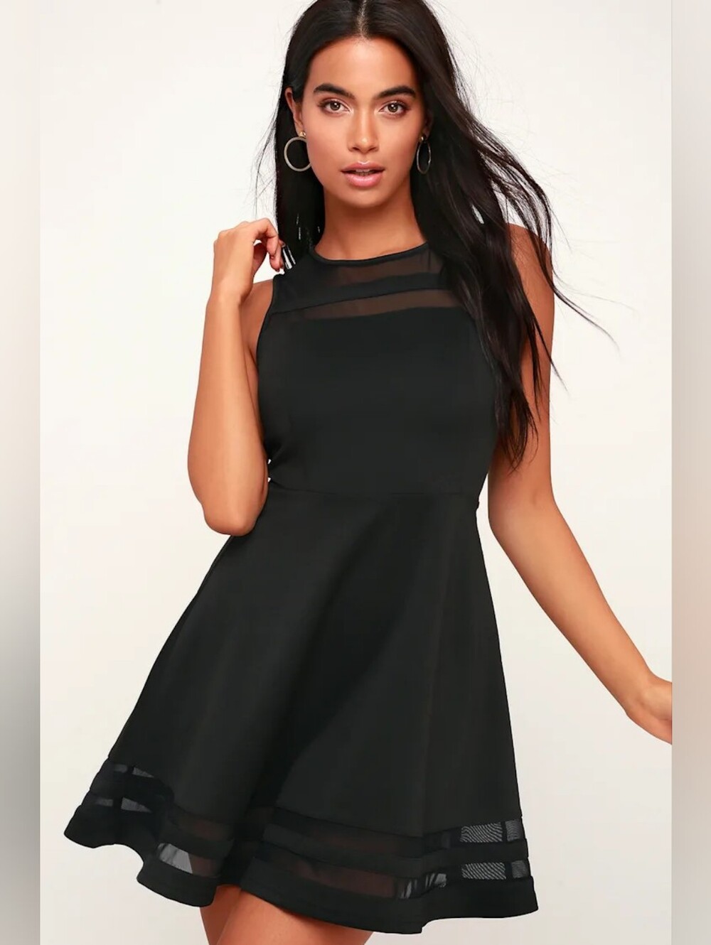 Black Mesh-Trim Fit & Flare Dress